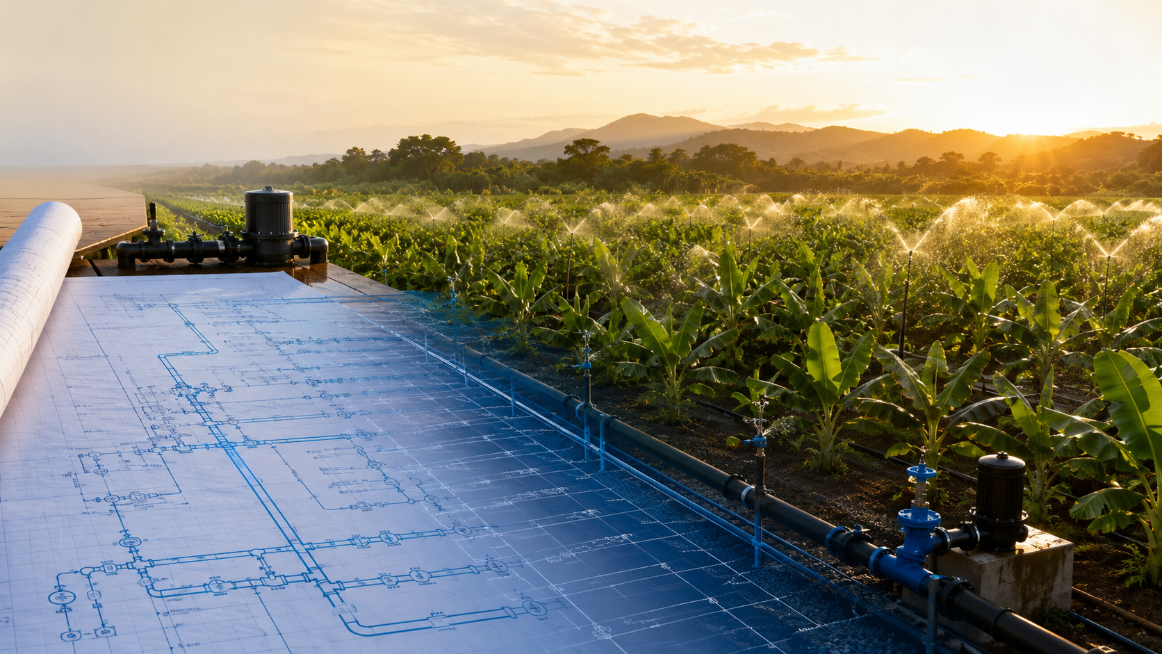 Plano de ingeniería que se transforma en un sistema de riego real en campo